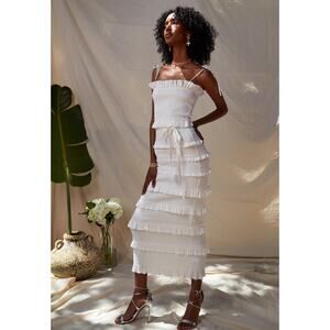 V. CHAPMAN Lily White Ruched & Ruffled Stretch Midi Dress Size 6